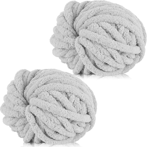 Chunky Crochet Yarn 2×250g Thick Soft Fluffy Chenille Yarn,Multicolored Knitting Chunky Wool,Super Chunky Yarn for Crocheting Blankets,Hats,Cushions&Bags(Light Gray)