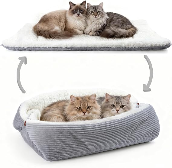 Self Warming Cat Beds for Large Cats and Small Dogs - 60x45 cm Washable Reversible Convertible Cat Beds for Indoor Cats, Soft Plush Pet Sleeping Bed Cushion Blankets - Unfolded Size 91x71cm