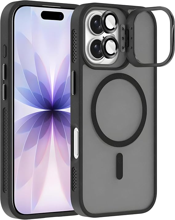 Ehr. iPhone 17 ile Uyumlu Magsafe Wireless Şarj Özellikli Kamera Standlı Lüks Mat Silikon Kılıf [Lens Koruyucu Hediyeli] (Siyah, iPhone 17)