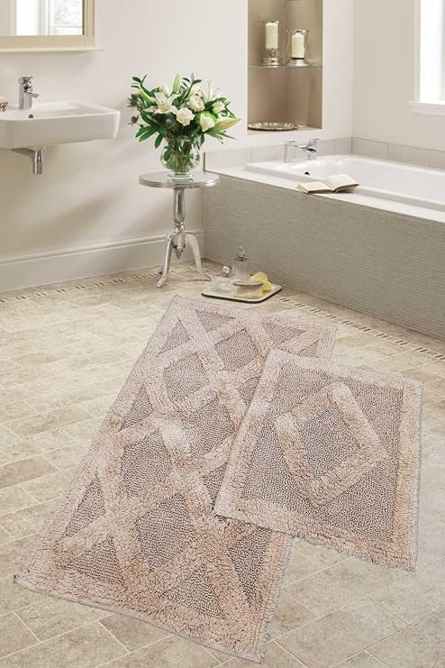 Karo Bej Tufting Naturel Pamuk 2'li Banyo Paspası Seti, 60x100 cm ve 50x60 cm, Makinede Yıkanabilir