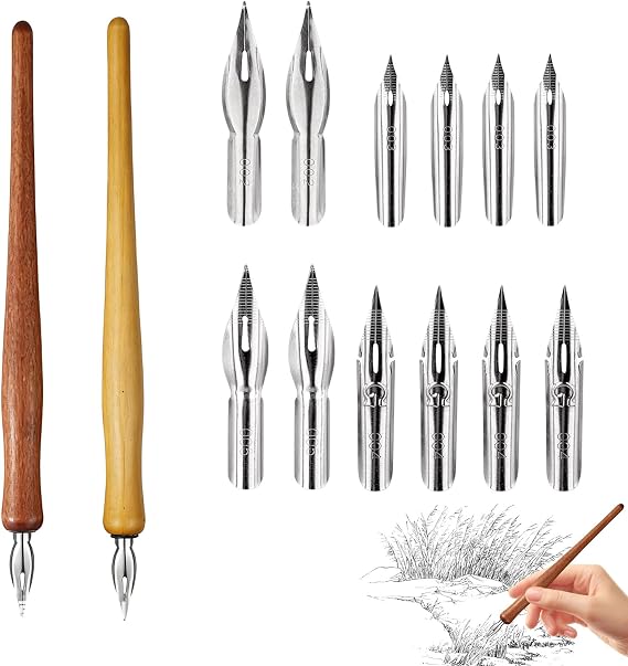 12 Pcs Comic Dip Pen Calligraphy Set – 2 Pen Holders and 12 Nibs – Stainless Steel Nib Drawing Pens – For Sketching, Animation, Calligraphy, Signing, Artists