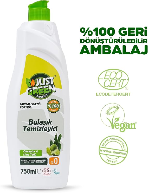 Just Green Organic Elde Bulaşık Deterjanı, Okaliptüs ve Lime Yağlı Bitkisel Bazlı Bulaşık Sıvısı, Hipoalerjenik, Vegan, Ecocert Sertifikalı, 750 ml