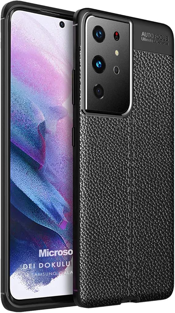 Microsonic Samsung Galaxy S21 Ultra için Kılıf Deri Dokulu Silikon Siyah [Galaxy S21 Ultra ile Uyumlu Kılıf - Siyah]