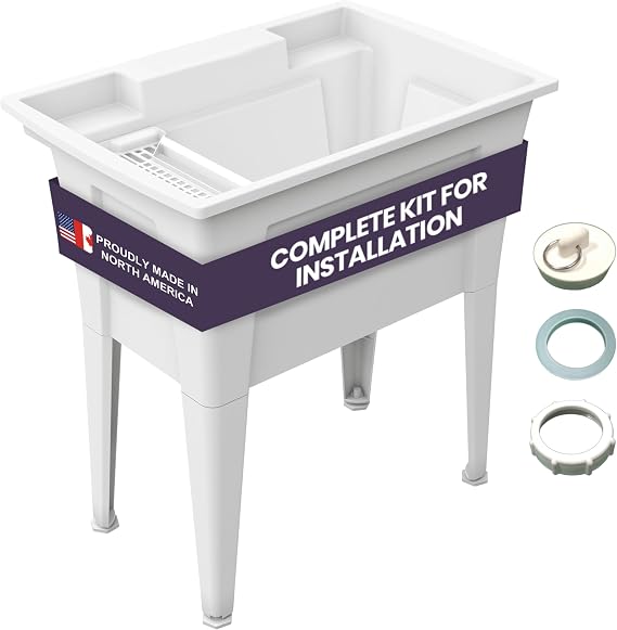 32” Utility Sinks for Laundry Room, Garage, Garden, Basement – Noah William Home Indoor and Outdoor Polypropylene Basement Wash Tub - No Faucet Included (White)