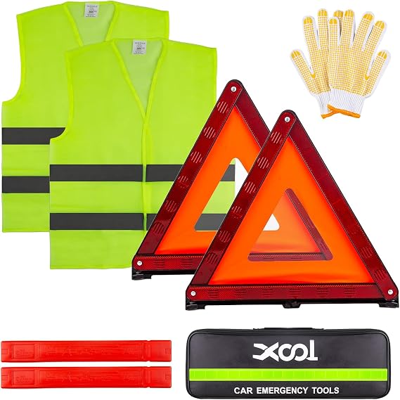 XOOL Emergency Warning Triangle Kit – Roadside Safety Kit with Reflective Warning Triangles, High-Visibility Safety Vests, Storage Bag & Gloves for Car Breakdowns & Emergencies