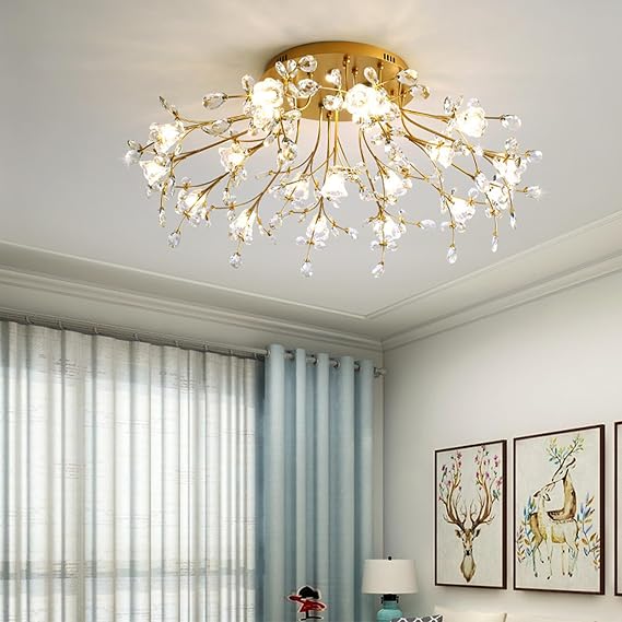 purpleq Modern Tree Branch Crystal Chandelier Gold Dimmable LED Pendant Light Raindrop Luxury Crystal Closet Lighting Linear Large Foyer Chandelier Ceiling for Kitchen Living Room Dining Room Hotels