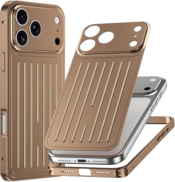 iPhone 17 Pro Max用フォンケース、タツノオトシゴクリップ合金フレームバックプレート、スーツケースデザイン フル合金 360°保護 傷防止 簡単インストール-デザートゴールド