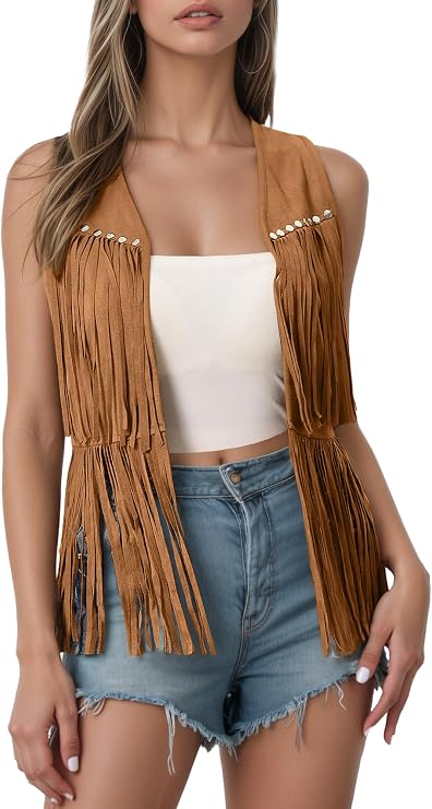 Maeau - Women's Sleeveless Faux Suede Vest with Fringes 70s Cowboy Open Front Hippie Suede Jacket S-XXL