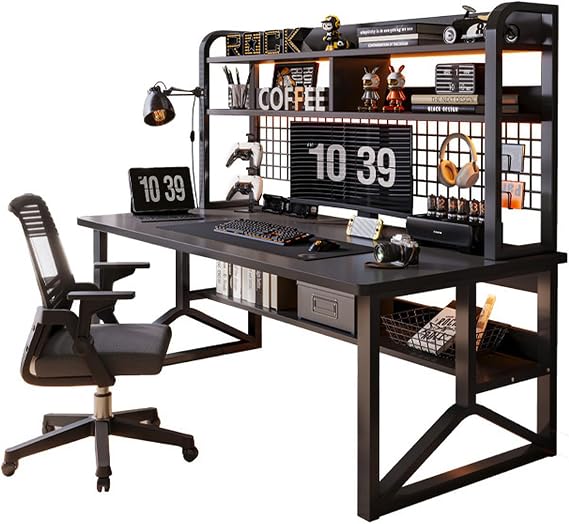 Computer Desk With Storage Shelves & Pegboard, Gaming Desk Large Study Writing Workstation Table, modern Home Office Desks With Y Shape Metal Frame & Display Bookshelf