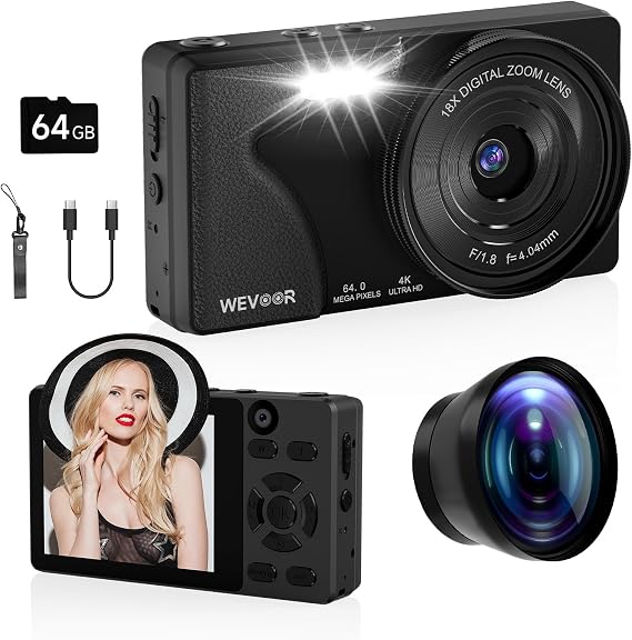 64MP 4K Vlogカメラ、64GB 高速オートフォーカスデジタルカメラ、デュアルカム、ワイドレンズ、2000mAhバッテリー、18倍デジタルズーム - YouTube、Tiktok、旅行、初心者向けビデオ録画制作に最適