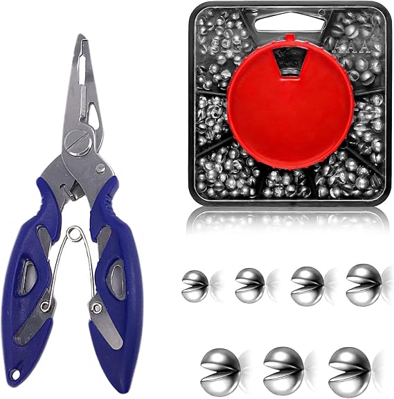 179PCS Split Shot Fishing Weights, 7-Way Dispenser Fishing Tackle Set with Pliers, Soft Metal Fishing Shot Weights for Carp & Coarse Angling, Durable Fishing Weights for All Conditions