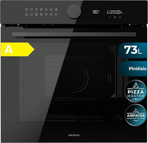 Cecotec Pyrolytic Integrated Oven -73L Bolero Hexa P516000 Glass Black. 3250W, 14 Functions, Dual Display, Pizza and Airfryer Master, Cooling Fan, Fast Preheating, Defrost Mode, Convection [Energy Class A]