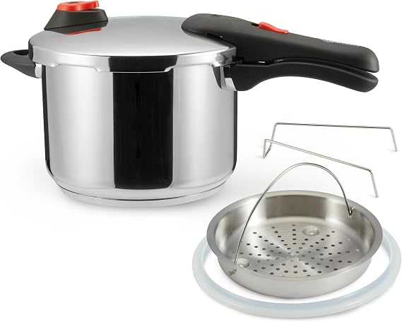 Amazon Basics Stainless Steel Pressure Cooker with Steamer, 6 Litres, Silver