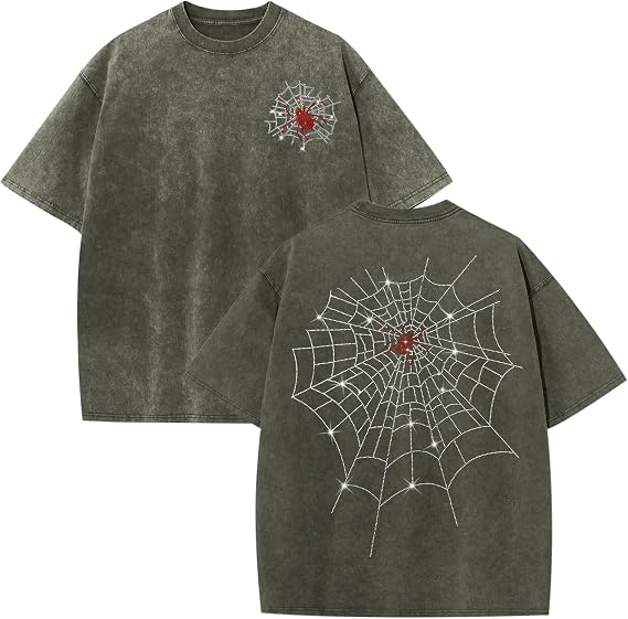 メンズ ラインストーン グラフィック Tシャツ スパイダー グランジ シャツ ヴィンテージ オーバーサイズ アシッド ウォッシュ Tシャツ Y2k ストリートウェア コットン トップス