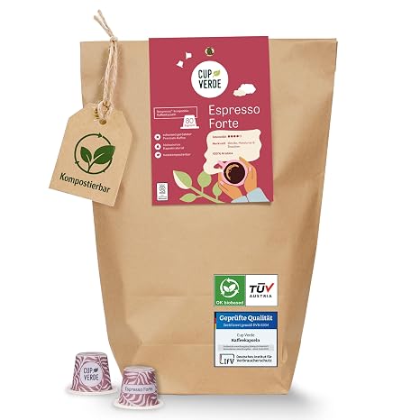 CUP VERDE Espresso Forte Compostable Coffee Capsules - [80 Capsules - Compatible with Nespresso] - Coffee - 100% Arabica - No Aluminium - Capsule Coffee - Roasted Coffee - Coffee Enjoyment - Storage Pack