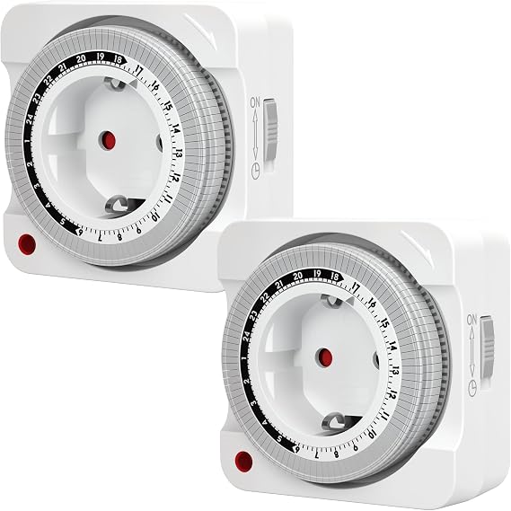 Timer Socket Pack of 2 Mechanical Daily Timer 24 Hours Schuko Timer Socket for Indoor Use with Switch (Duration ON/Timer) and LED Display 3680 W White