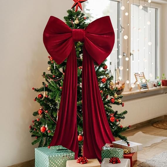 Christmas Tree Topper Bow, 20x102 Inch Extra Large Red Velvet Bows for Home Christmas Tree Toppers Wreath Wall Room Party Holiday Decor Supplies, Xmas Decor