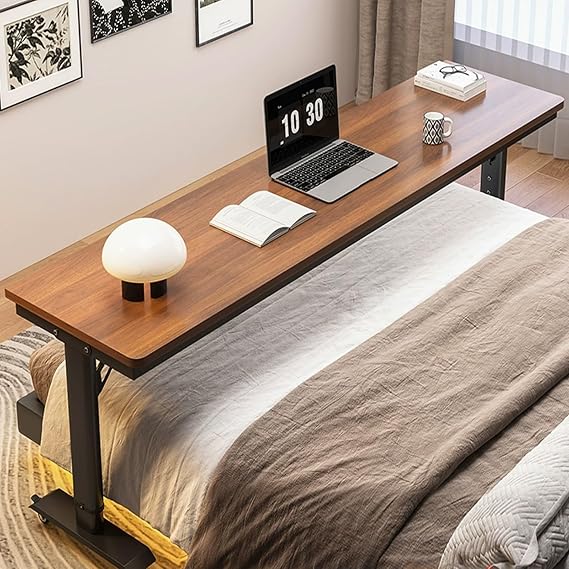 Adjustable height bed desk with wheels, Home overbed table for laptop, Mobile hospital rolling bed table, over the bed working table, bedroom overbed table.(Walnut+black,100cm)