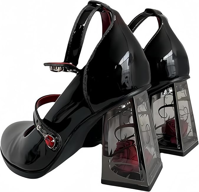 Womens Patent Leather Platform Mary Janes Dress Pumps Gothic Low Chunky Heel Shoes Sweet Lolita Closed Toe Ankle Adjustable Strap