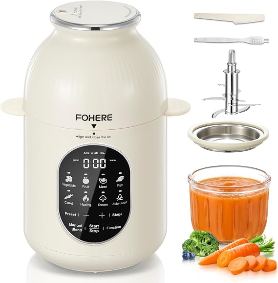 FOHERE Baby Food Maker, Nutri Ease All Stage One Step Food Processor Steamer Blender Puree Maker, Auto 3-Stage Settings for Healthy Homemade Baby Puree, Preset&Self Clean Function, BPA-Free