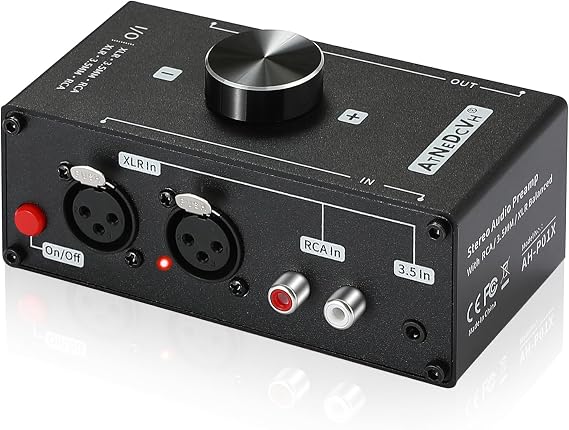 Stereo Audio Preamplifier - XLR Balanced RCA 3.5mm Input to XLR Balanced RCA 3.5mm Output Converter Adapter amp - Headphone Amplifier, Gain 20dB Phono Turntable Phonograph Preamp (Black)