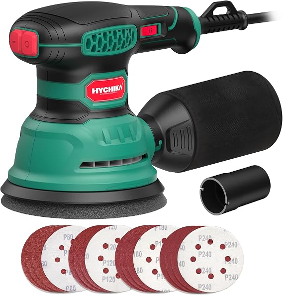 HYCHIKA Random Orbital Sander, 300W 12000OPM Orbital Sander, 6 Variable Speeds,16 Sanding Discs(125mm), with Dust Collection and Quick Braking Functionality, for Sanding and Polishing Wood