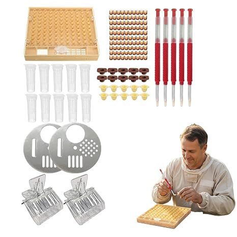 Bee Keeping Starter Kit, Beekeeping Supplies Kit, Plastic Queen Rearing System with Grafting Tool, Cell Cups, and Beehive Accessories for Hive Management