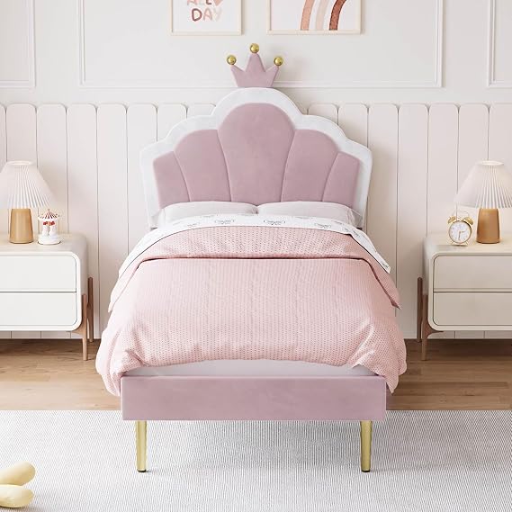 Aptliton Single Bed Frame, Soft Velvet Upholstered Bed, 3ft Shell Shape Bed with Removable Crown, Adjustable Headboard, Golden Iron Legs, Wooden Slatted Frame, 90 * 190cm, Light Pink