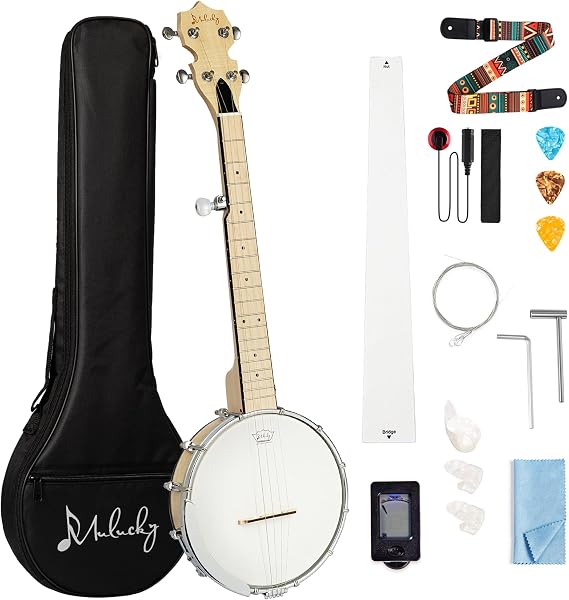 5 String Banjo Mini - Mulucky 26 Inch Travel Banjo Maple, Closed Solid Back Beginner Kit With Gig Bag Tuner Picks Strings Strap - B805