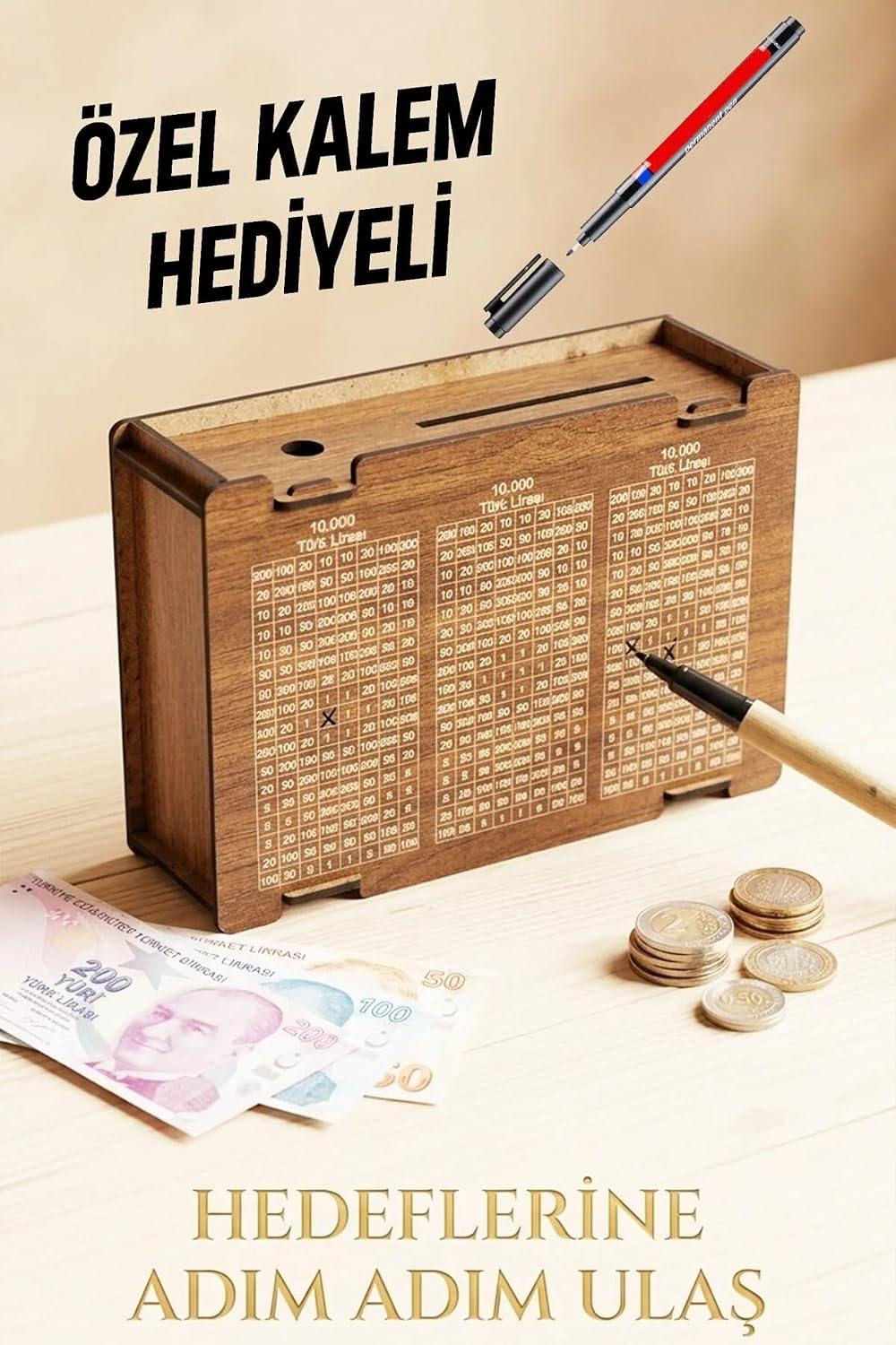 Ahşap Kumbara, Para Biriktirme Kutusu, MDF, Ceviz, Tasarruf Challenge Sistemi, Motivasyon Hedef Kutusu, Kalem Hediyeli