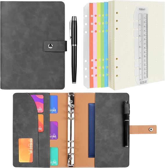A5 Ring Binder Notebook PU Leather Diary, Refillable Notebook-Gray