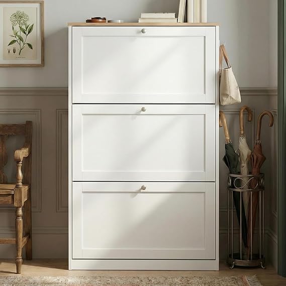 Blisswood Shoe Cabinet, White Shoe Storage Organiser with 3 Flip Drawers, Wooden Slim Freestanding Shoe Rack, Space Saving Cupboard with Adjustable Shelves for Entryway, Living Room, Hallway Furniture