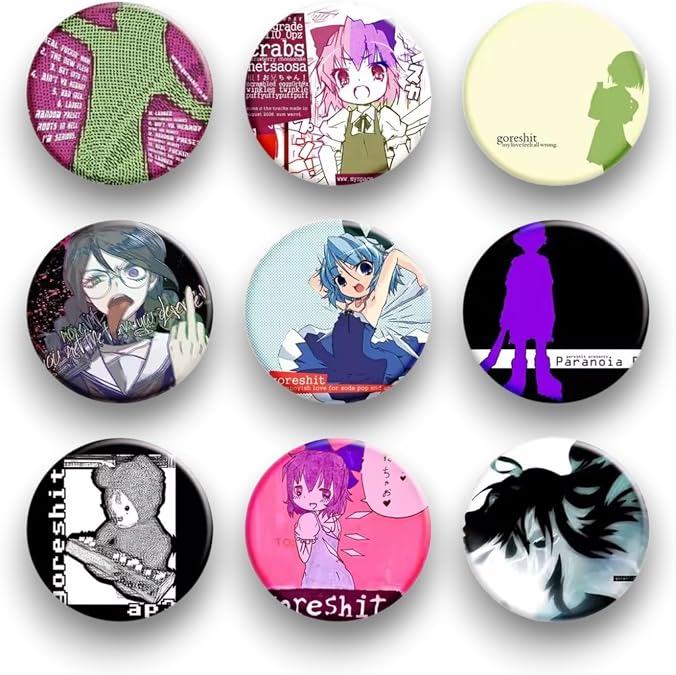 Goreshit Breakcore Tasarımlı 44mm Buton Rozet Seti - 9'lu Y2K Ve Anime Temalı Metal Pin Seti
