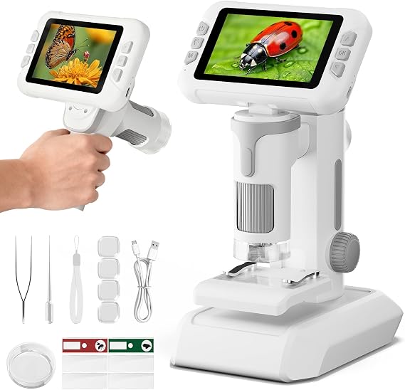1600X Microscope for Children, 4.0 Inch Digital Microscope Screen with Kit of Slides and 6 LED Lights, Educational Science Toys, Children Students from 3 to 12 Years Old (Grey)