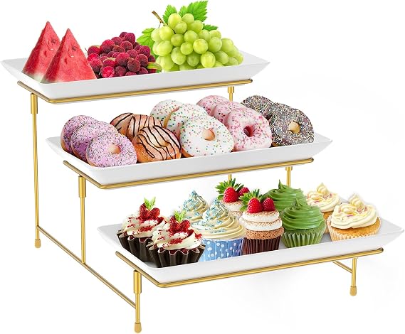 3 Tier Serving Tray Set for Party,29.5x14.9cm Plastic Platters for Serving Food,White Reusable Trays with Metal Display Stand for Buffets, Cake, Snack, Veggie, Fruit, Cookies, Dessert, Dishes