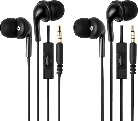 Amazon Basics 3.5mm Wired Earbuds, In-Ear Headphones with Built-In Microphone & Track Control, S/M/L Ear Tips, Compatible with Phones, Laptops & Tablets, 2 Pack