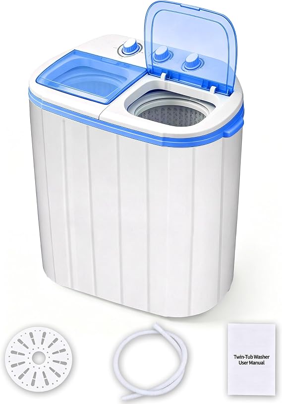 Portable Twin Tub Washing Machine and Dryer, 5 KG (3 KG Wash 2 KG Dry), Compact Electric Mini Washer, Small Laundry, RV Travel, Camping, Spin Cycle Dryer Combo, Timer Control, Drain Hose, Blue [Energy Class A]