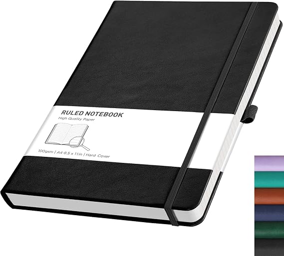 RETTACY Notebook A4, Lined Journal, Hardcover Notepad, 192 Pages, Black