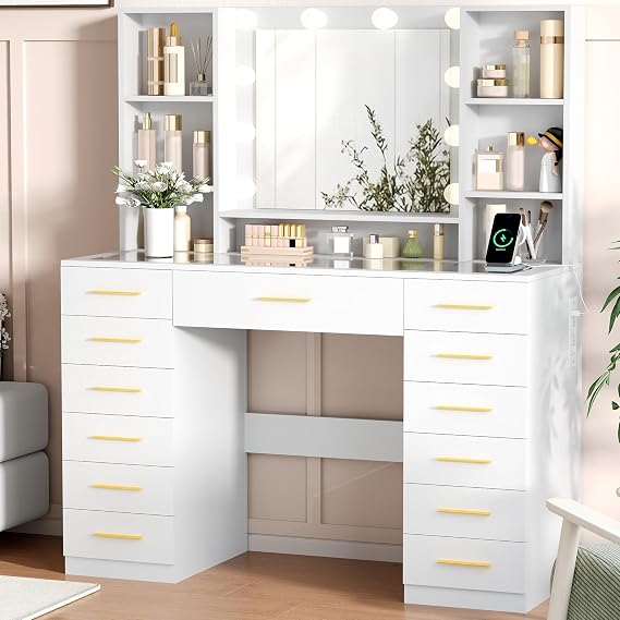 BEWISHOME Makeup Vanity with Mirror and LED Lights, Glass Cover