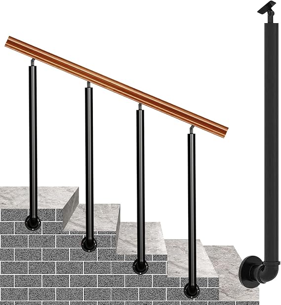 Hand Rails for Outdoor Steps, Adjustable Side Mount Stair Handrail Black Metal Wrought Iron Railing Posts with Fittings Exterior Hand Railing Safety Balusters Columns(65cm(25.6in))