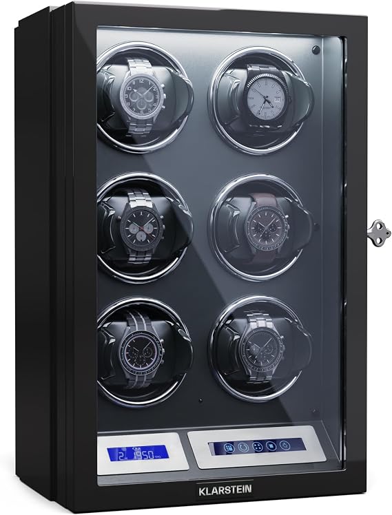 KLARSTEIN watch winder for automatic watches, automatic watch winder for 6 watches, with acrylic door, blue LEDs, with 5 TPD settings