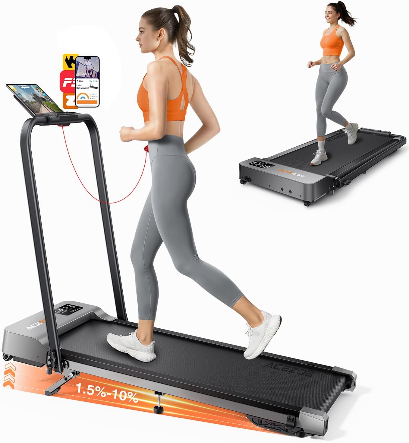 6 in 1 Folding Treadmills for Home,Walking Pad with 10% Incline and handle bar,Portable Under Desk Treadmill,Dual LED Display, APP & Remote, 135kg Capacity