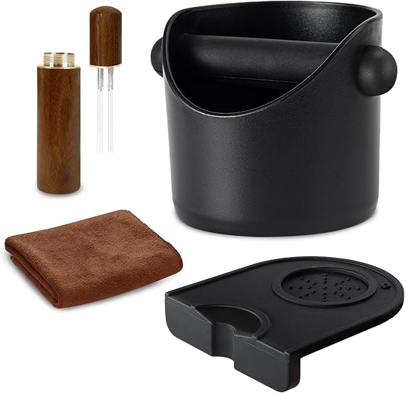 Espresso Knock Box with Accessories - 4.4 Inch Coffee Grounds Bin with Removable Knock Bar, Non-Slip Base, Stirring Needle & Cleaning Towel | Barista Coffee Machine Accessories (Black)