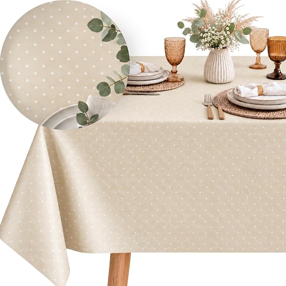 KP HOME Premium Wipe Clean Tablecloth - Polka Dot Waterproof PVC Table Cloth - Square 140 x 140 cm Plastic Table Cover - Wipeable Vinyl Oilcloth for Kitchen, Dining & Outdoor - Beige Cream