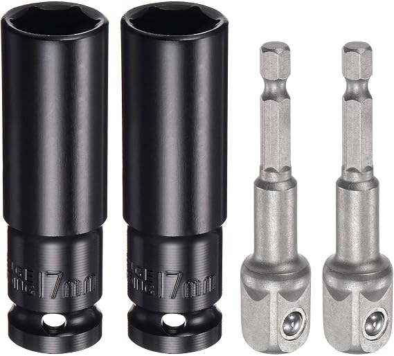 sourcing map 2pcs 1/2" Drive 17mm 6-Point Deep Sockets 3" Length with 2pcs 1/2" to 1/4" Hex Shank Adapters Sandblasted, CR-V Steel Socket Adapter Accessory Set Kit for Hex Bolts Nuts