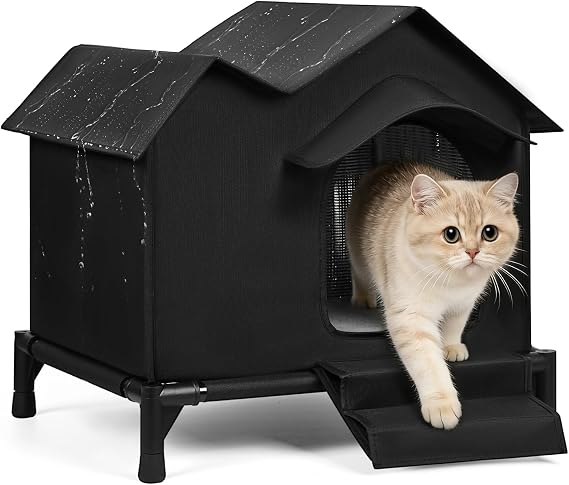 Large Outdoor Elevated Double-roof Waterproof Outdoor Cat House with Stairs, Winter and Summer Weatherproof&Warm Cat House with Soft Cushions and Small Eaves，Black