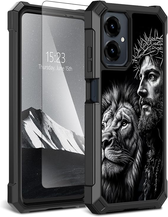 for Cricket Icon 2026/AT&T Propel 3 5G Case with Tempered Glass Screen Protector,Dual Layer TPU Soft Silicone Shockproof Protective Cover,Jesus Lion