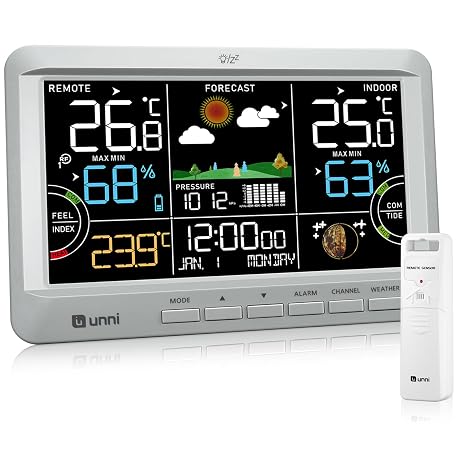 Weather Station Indoor Outdoor Thermometer Wireless, Home Atomic Clock with Large Constant Display, Dew Heat Point, Barometer Grey