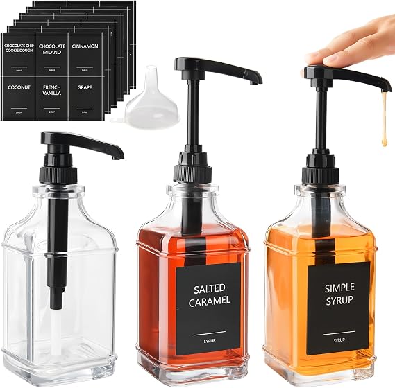 YBCPACK 3Pack 16.9 oz/ 500 ml Square Glass Coffee Syrup Dispenser with Pump