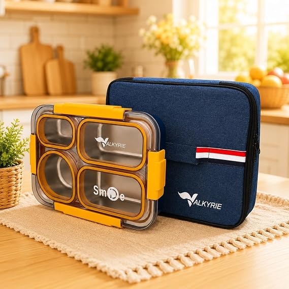 Valkyrie 304 Paslanmaz Çelik 4 Bölmeli Sarı Lunch Box Termal Çantalı – Sızdırmaz Beslenme Kabı, Çatal Kaşık Dahil